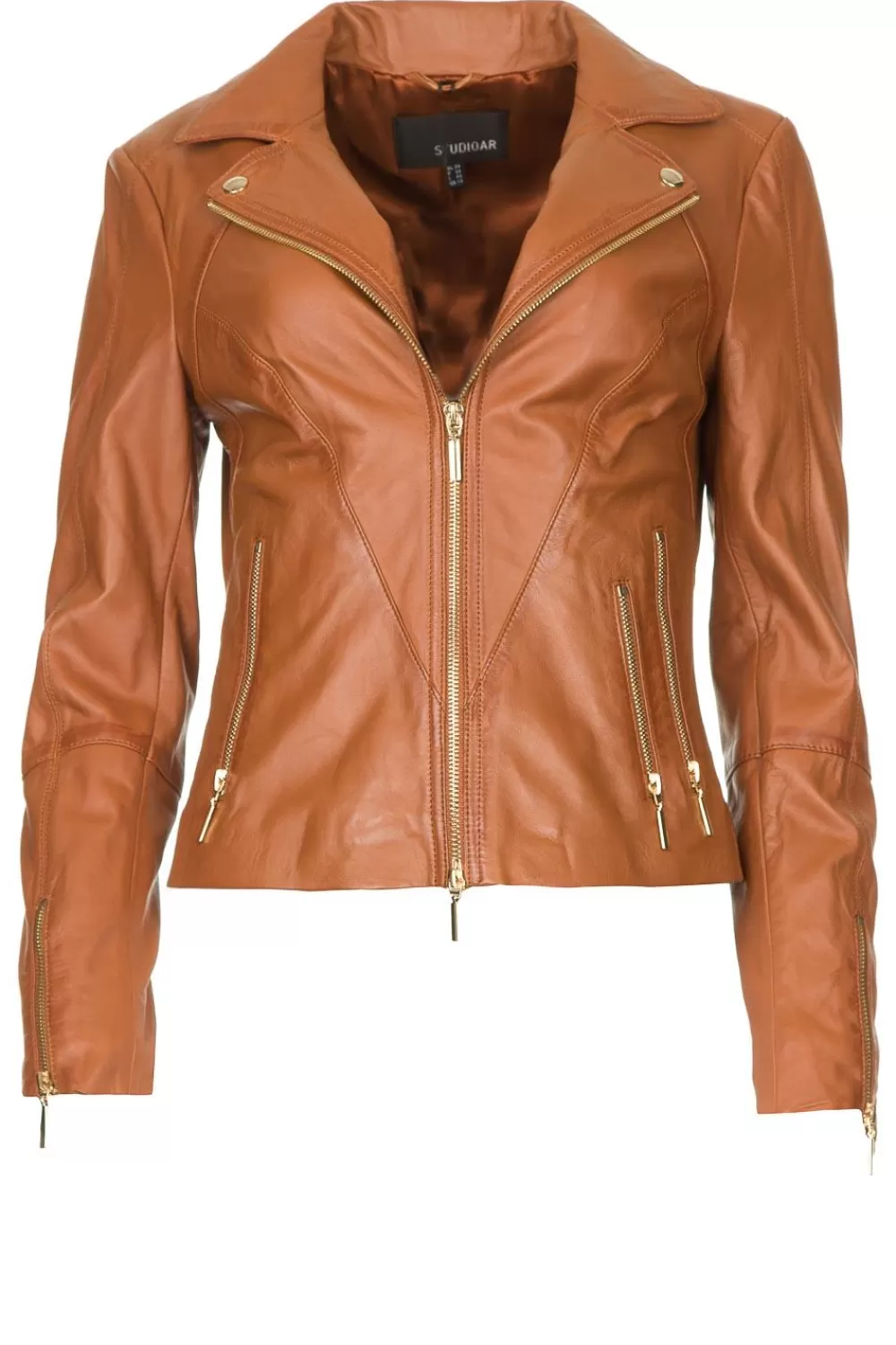 Jassen En Blazers<STUDIO AR Leren Bikerjack Cherry | Kameel